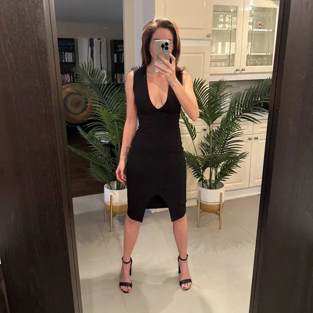 Black Plunge  V-Neck Dress with Open Back, Lac Bleu, US XS